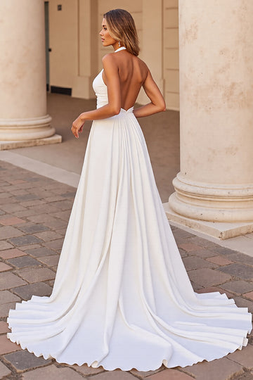 White Halter A Line Keyhole Wedding Dress
